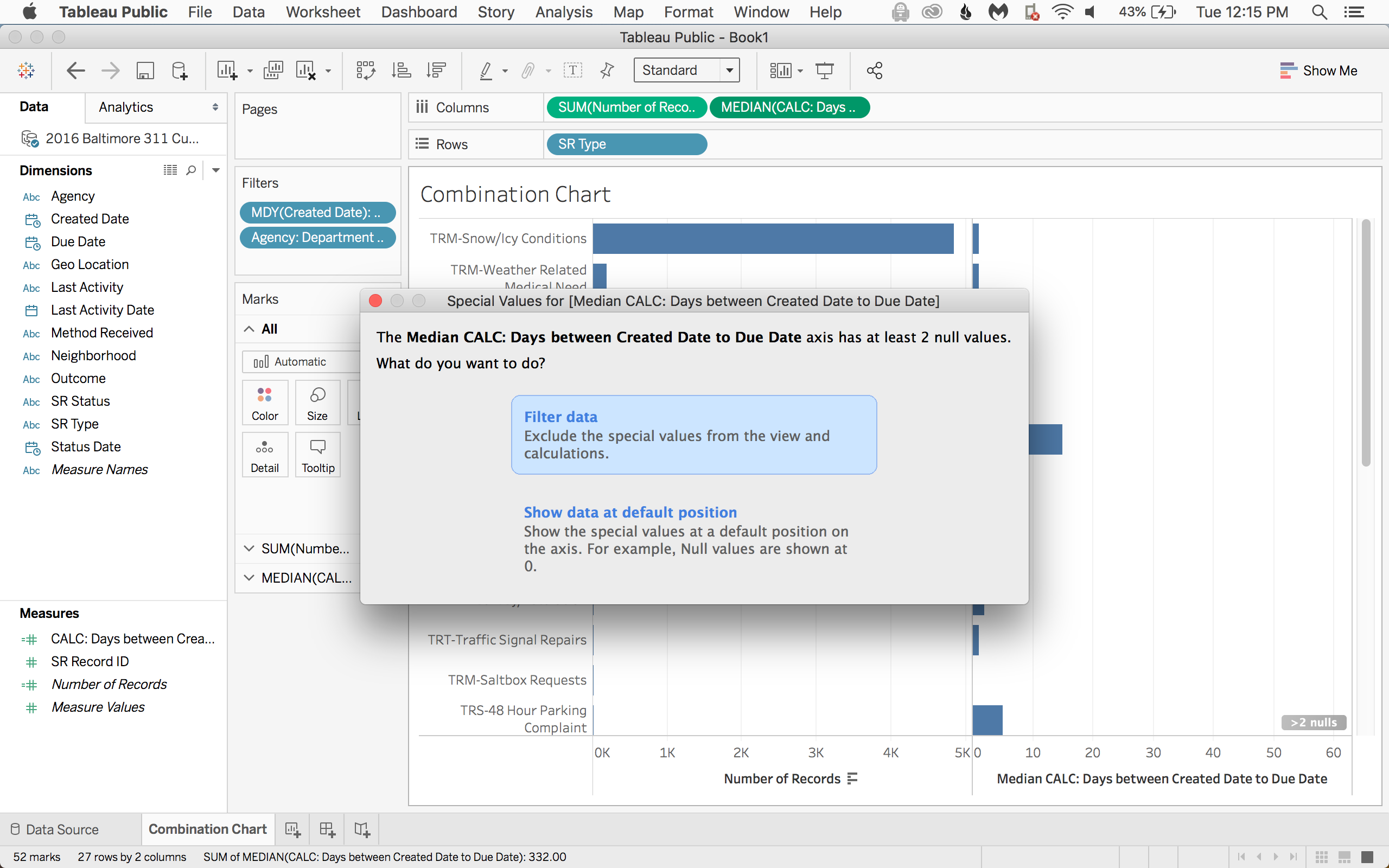 Click the light grey null indicator in the bottom left corner and filter out the data that doesn't have enough information to calculate the difference (usually there's no due date).
