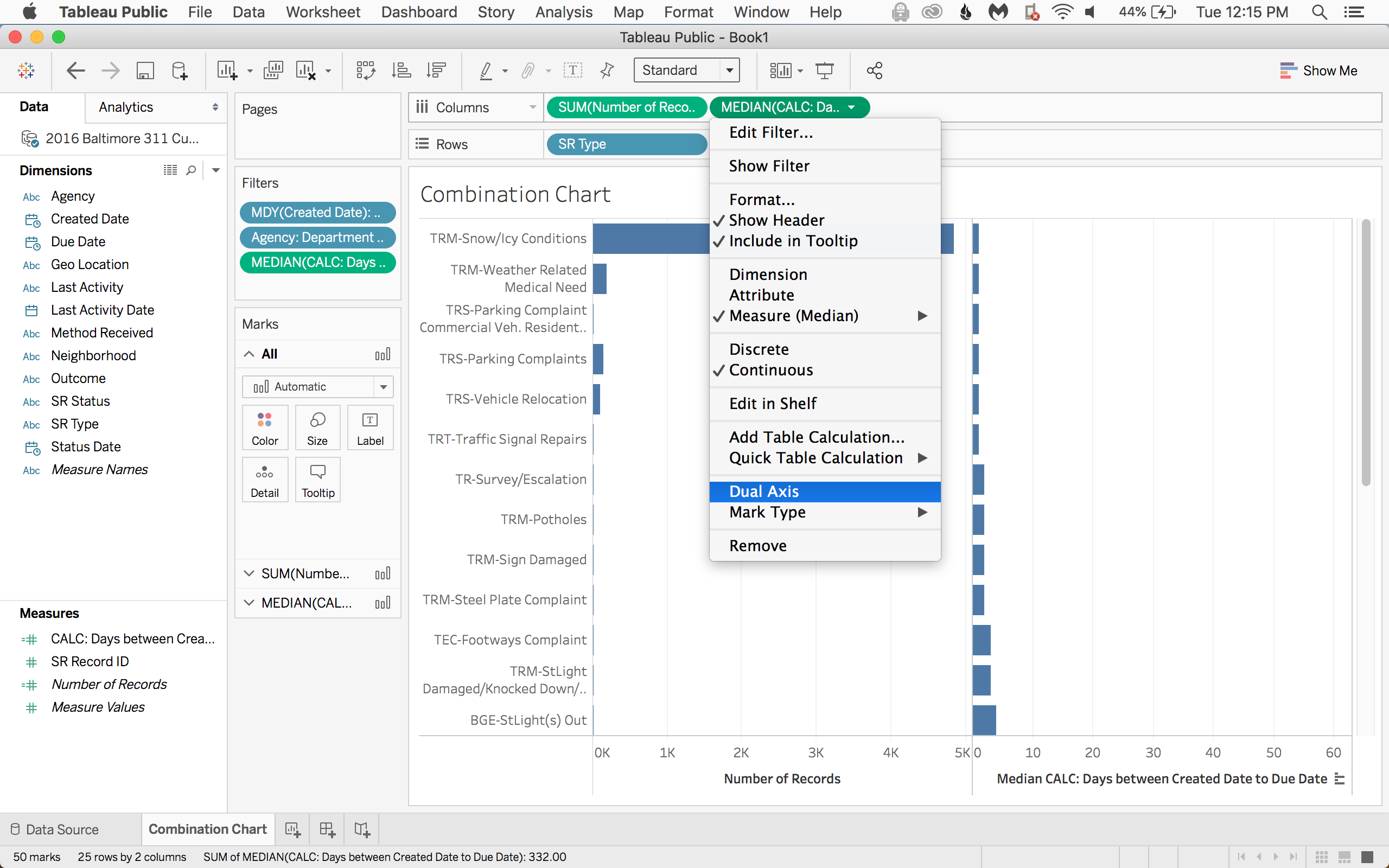 Now let's combine them. Click the datediff dropdown menu and choose Dual Axis.