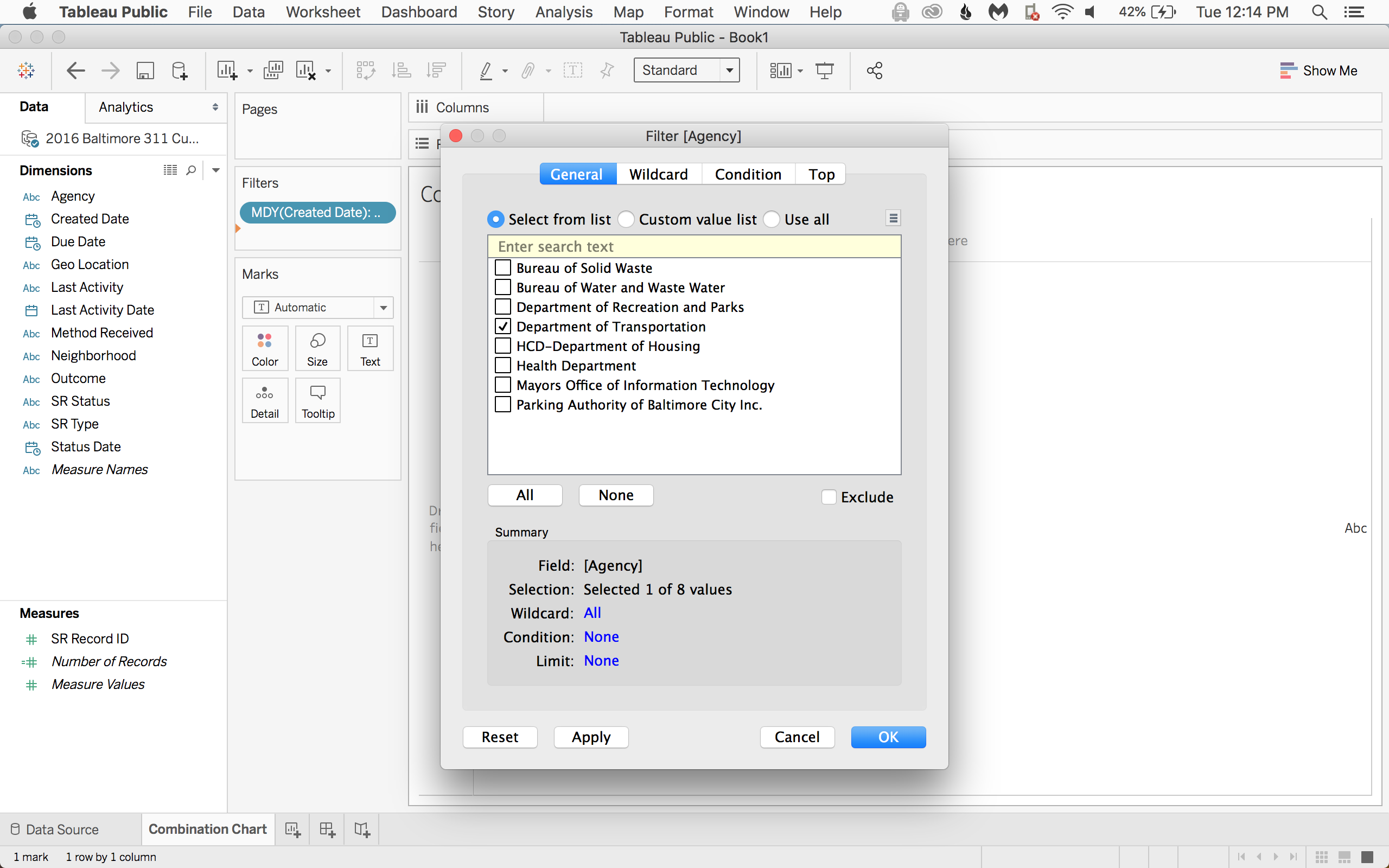 Drag the Agency pill to the filters card as well and select the Department of Transportation.