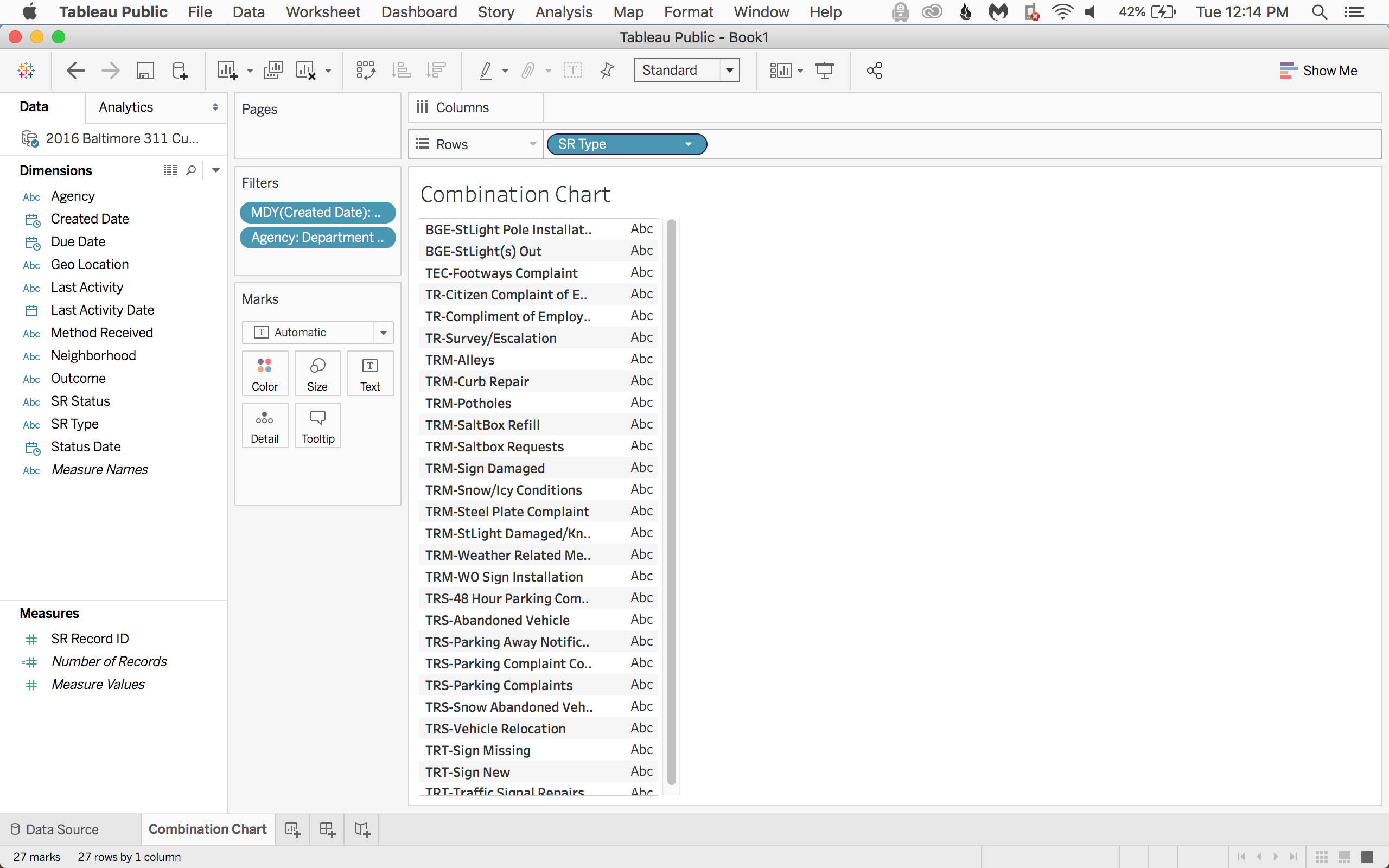 Now let's build the first part of the visualization. Drag the SR Type to Rows.