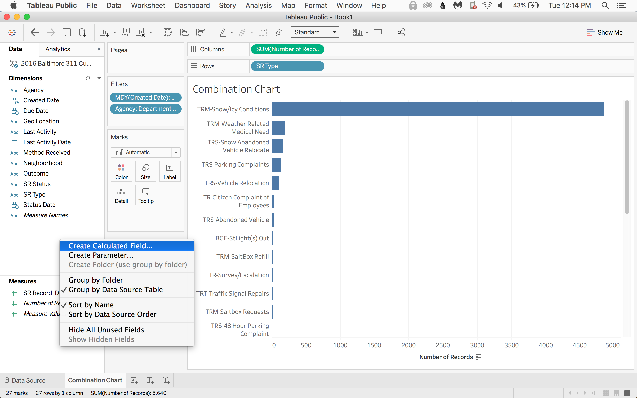 Now for the dots! Right click in a blank section of the data pane and select Create Calculated Field...