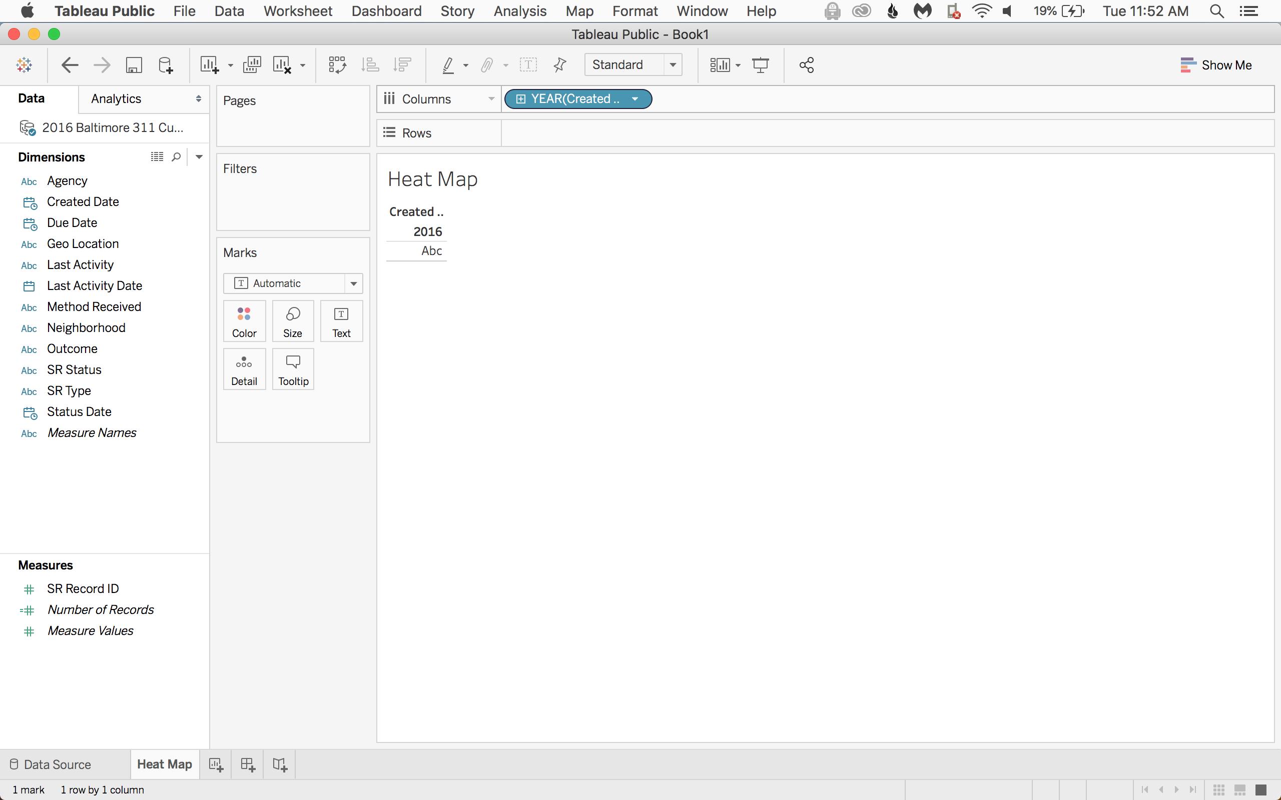 First drag the Created Date to columns. Just like before, it will default to a discrete year.