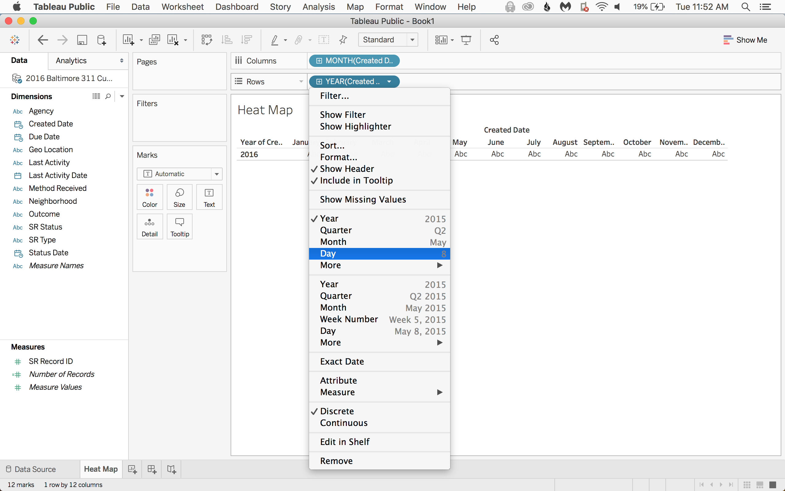 Add another Created Date to Rows and change its formate to a discrete day.
