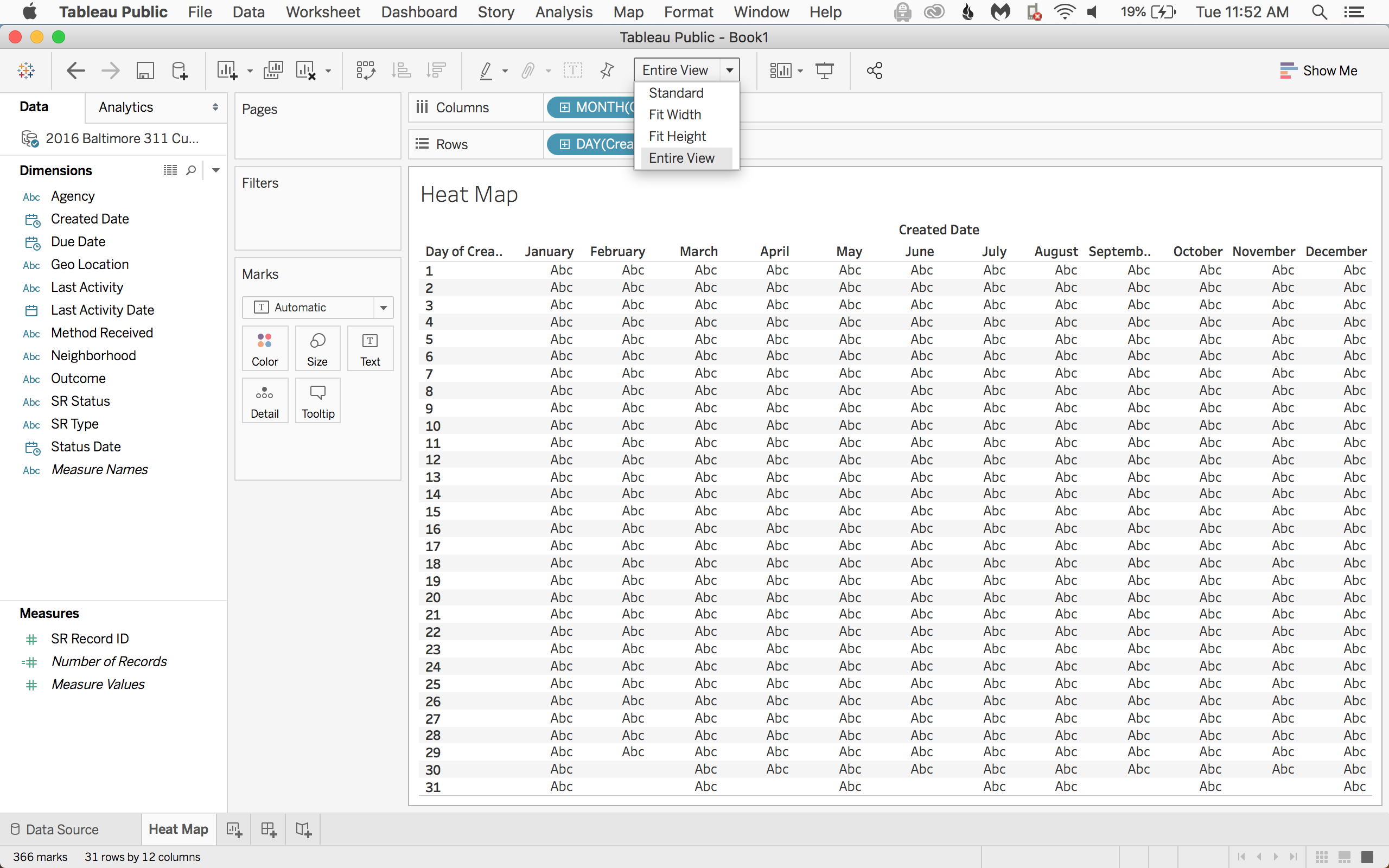 These two variables will make a grid for the entire year. Change the view from Standard to Entire View.