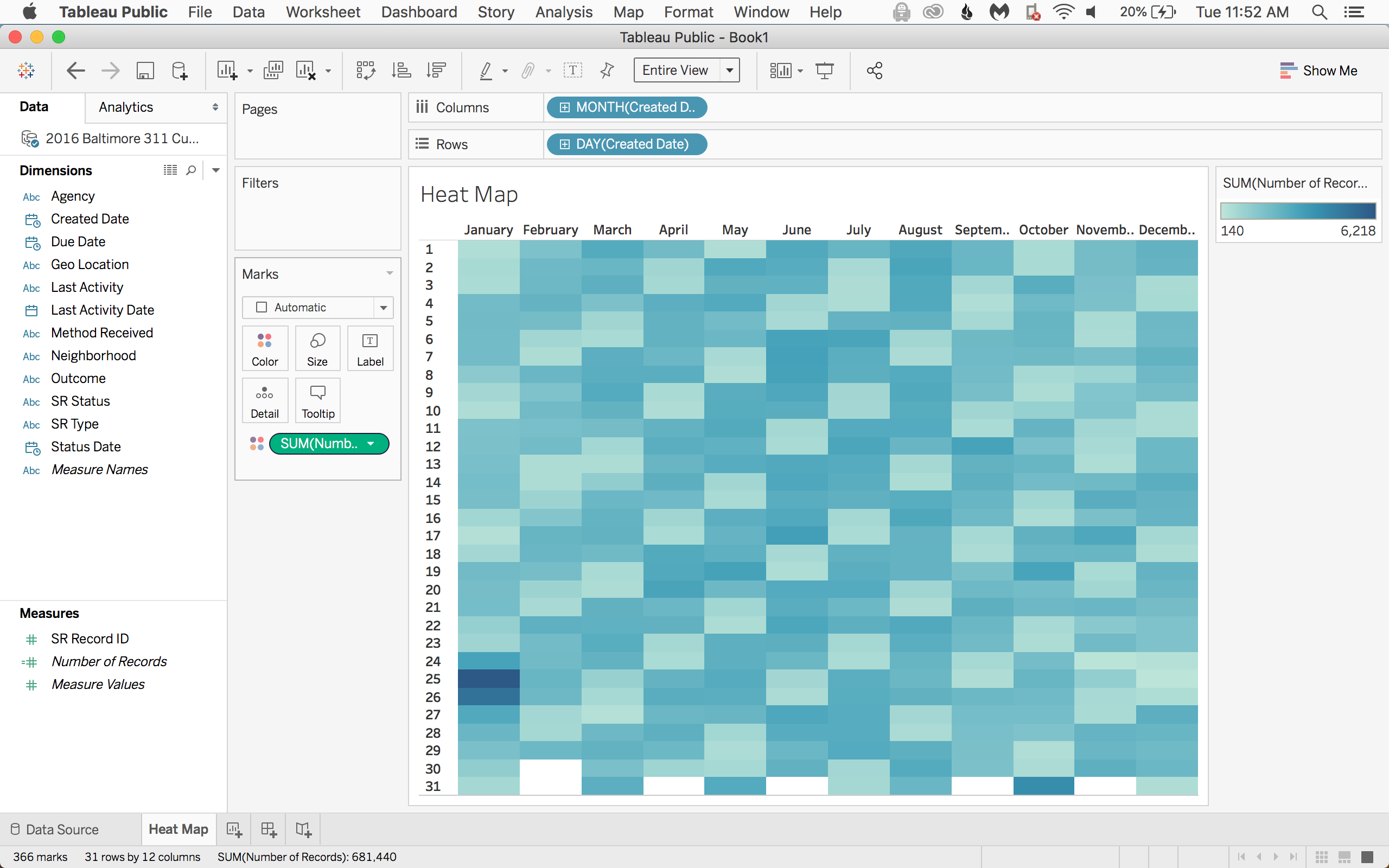 Now add Number of Records to color. There's our heat map.