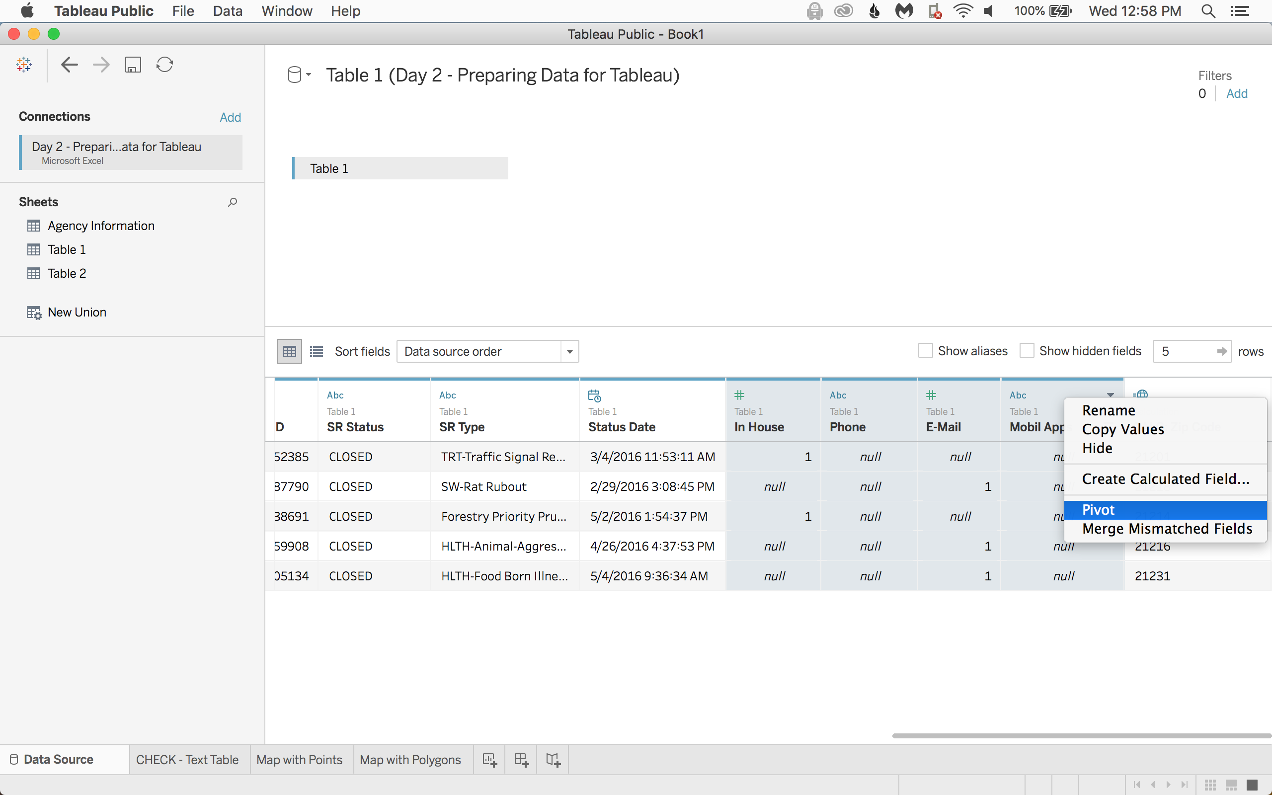 To create a single variable again, select the four headers, right click, and select Pivot.