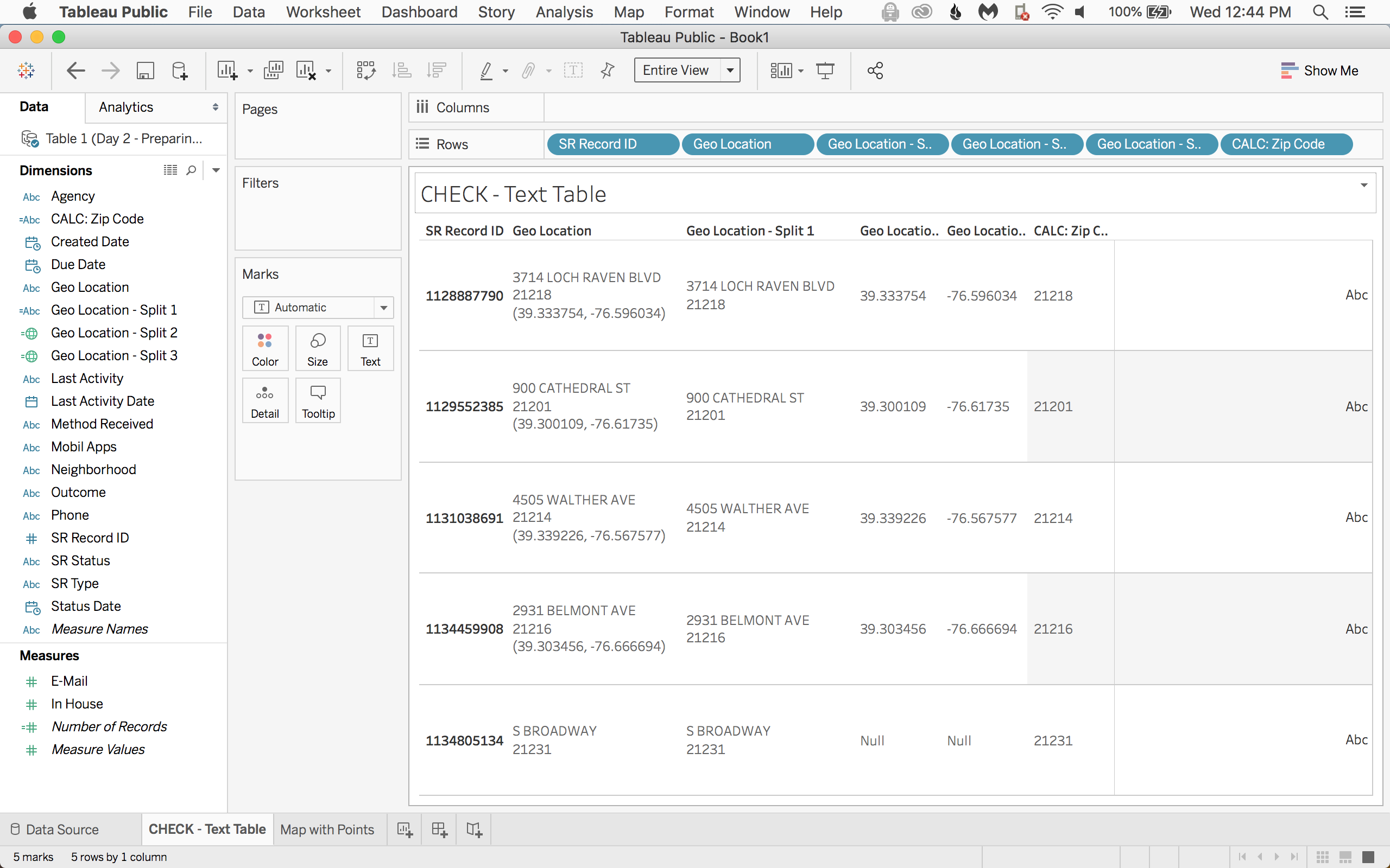 Drag your new Zip Code field out on to the Rows shelf to make sure it worked as expected.