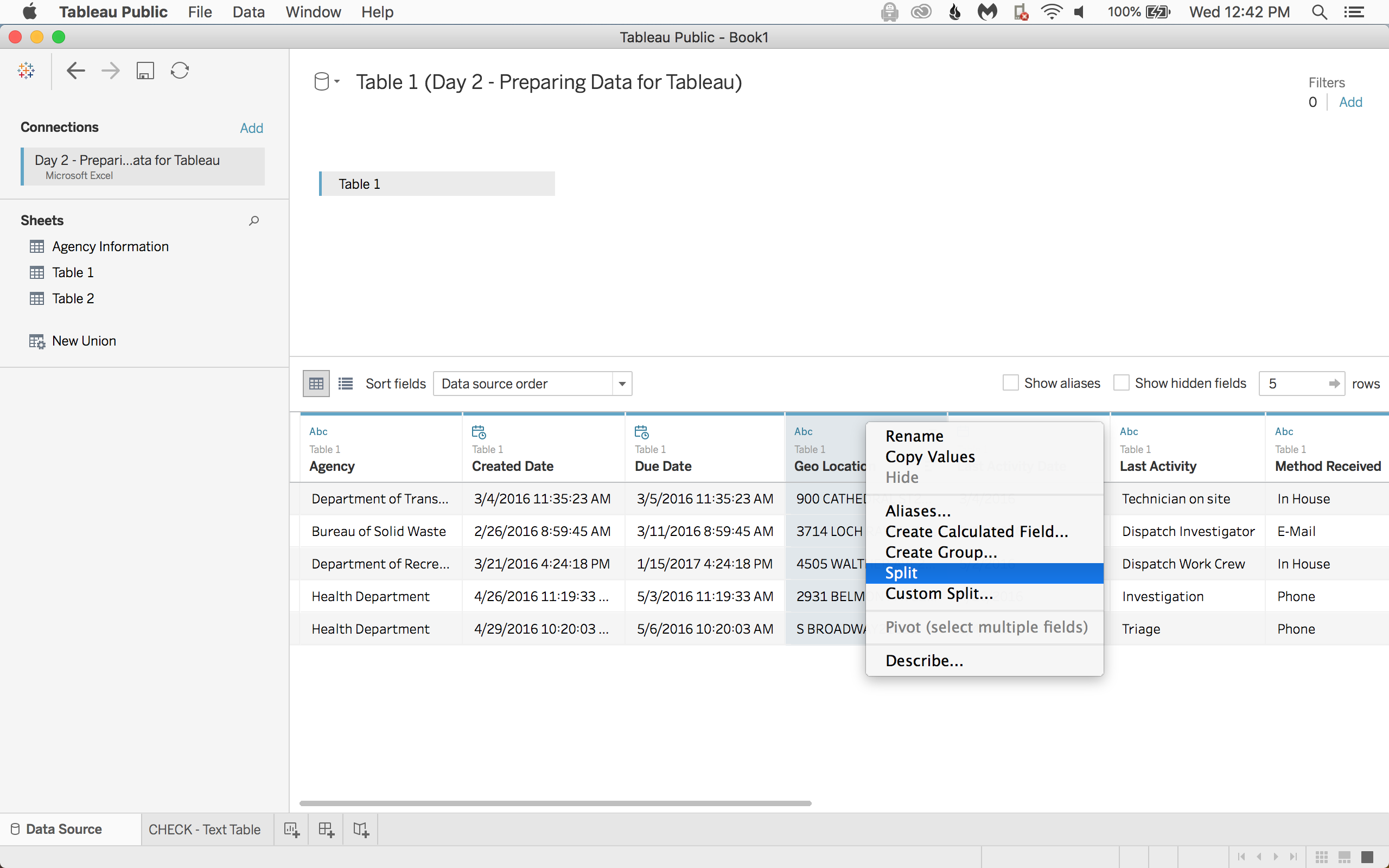 Go back to the Data Source pane, right click on the Geo Location header, and select Split.