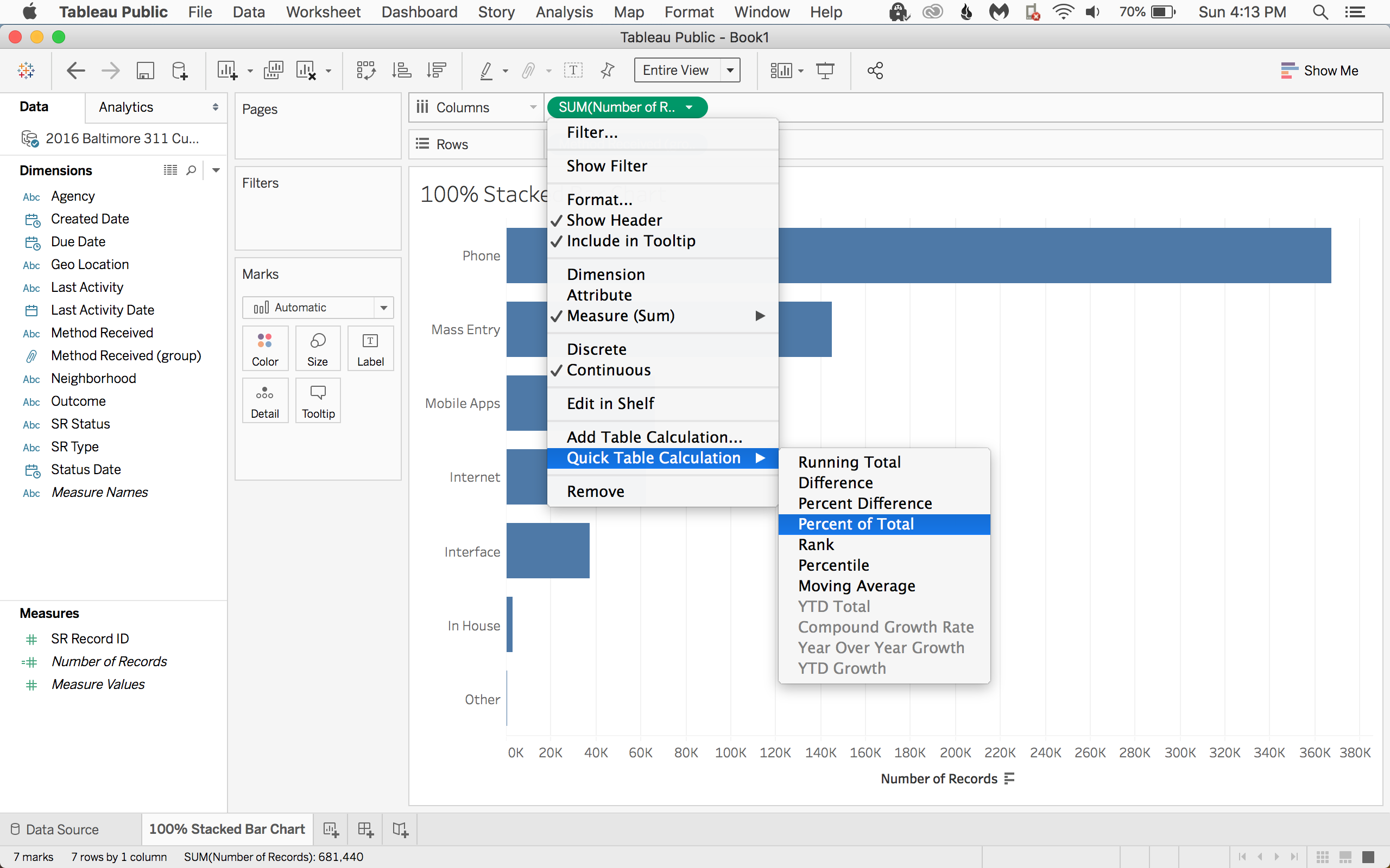 Add the quick table calculation Percent of Total to Number of Records on Columns
